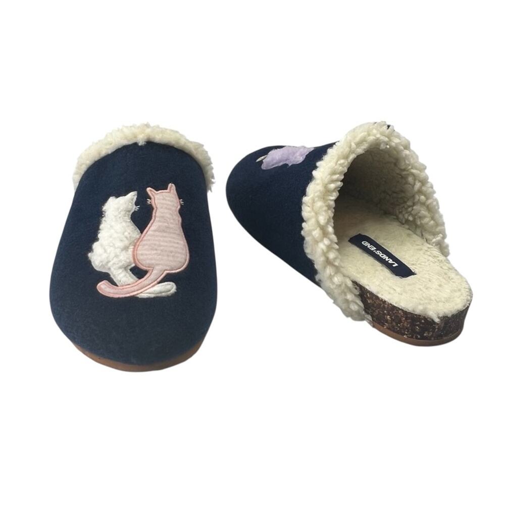 Lands' End Cat Slippers 8 Blue Fleece Sherpa Lined Cork Clog Indoor Outdoor